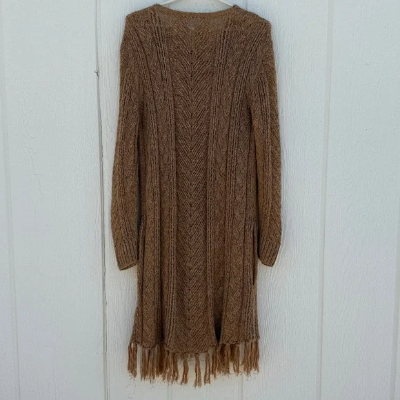 Idyllwind Size L Tan Metallic Knit Fringe Western Wrap Tunic Cardigan Sweater - Picture 8 of 10